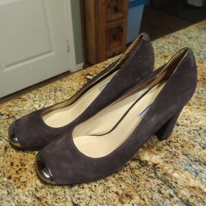 Prada Logo Brown Suede Leather Silver Cap Round Toe Chunky Heel Pumps Sz 7.5 38